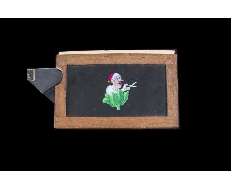 Six Mahogany-Framed Hand-Coloured Single-Slipper Comic Magic Lantern Slides,  of an acrobat on a horse, a man with moving eye