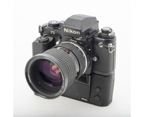 A Nikon F3 HP SLR Camera, serial no. 1535028, black, shutter working, body, F-G, minor brassing and paint loss to prism and f