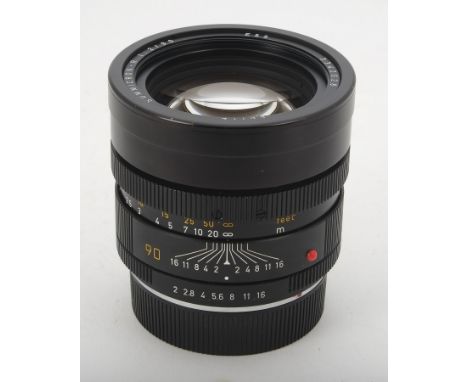 A Leitz ELC 90mm f/2 Summicron - R Lens (11219), serial no. 3342628, 1994, black, barrel G, very minor paint degredation to f