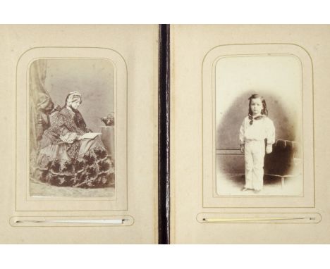 Portrait Cartes de Visite,  embossed morocco album, including ladies, gentlemen, children, dogs, cats, pugs, Highlander in ki