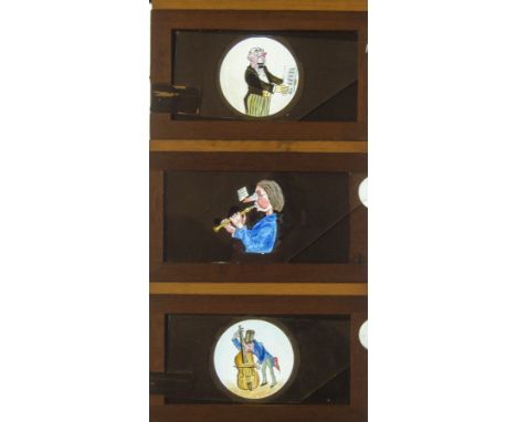 Four Mahogany-Framed Hand-Coloured Magic Lantern Slipping Slides of Musical Interest,  Including a man playing the double bas