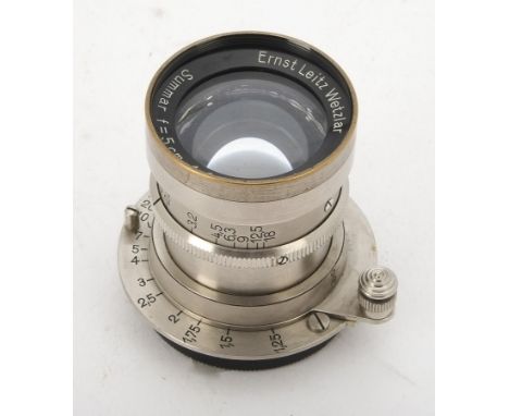 A Leitz 5cm f/2 Summar Lens, serial no. 167094, 1933, nickel, rigid mount, barrel, VG, elements, G-VG, small bubbles in front