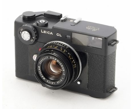 A Leica CL Rangefinder Camera, serial no. 1302846, 1973, black, shutter working, body G-VG, minor chip in bottom plate, with 