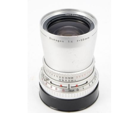 A Carl Zeiss 50mm f/4 Distagon Lens (Hassleblad), serial no. 5302572, chrome, barrel, G, light marks to chrome, elements, G, 