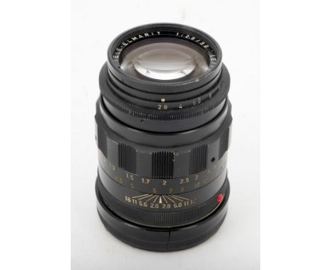 A Leitz ELC 90mm f/2.8 Tele-Elmarit Lens, serial no. 2148083, 1965, black, 1st version, barrel, F, some paint chips to focuss