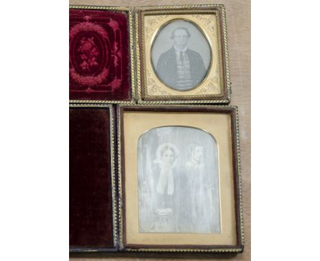 Portrait Daguerreotypes,  quarter-plate, seated young lady in bonnet, with girl to her left, hair in ringlets, case gilt-titl