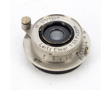 A Leitz 35mm f/3.5 Elmar Lens, serial no. 171147, 1933, nickel, barrel, G, slightly mishapen lens rim, elements, F-G, small p