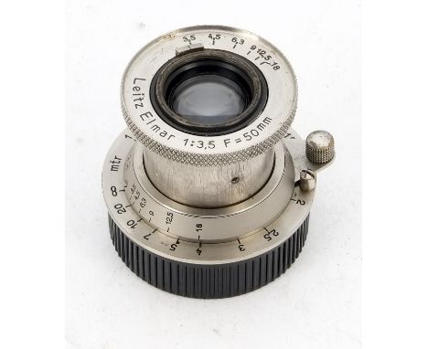 A Leitz 50mm f/3.5 Elmar Lens, serial no. n.a, nickel, no catch, barrel, G, minor paint loss, elements, G, very minor fungus 