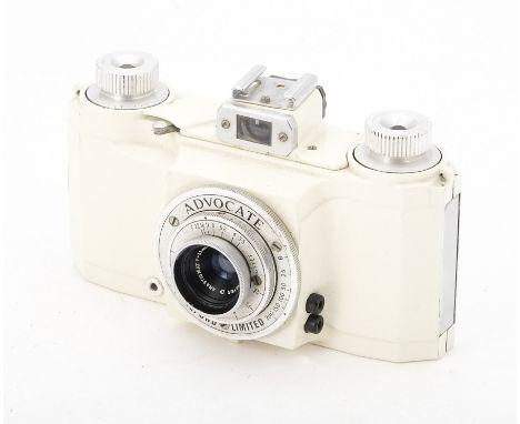 A Ilford Advocate II Viewfinder Camera, serial no. 1919-8171, white, shutter working, with later fitted hot shoe, 35mm f/3.5 