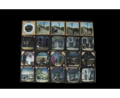 3¼sq. in. Four Magic Lantern Life Model Slide Stories, The Magic Wand - 9 coloured slides; The Road to Heaven - 8 coloured sl