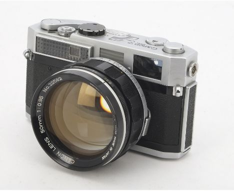 A Canon 7 Rangefinder with 50mm f/0.95 Camera serial no. 936512, chrome, shutter working but blind rubbing slightly, body, G-