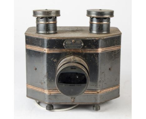 A Radioptican Mirrorscope Type Tin Postcard Projector, Manufactured by HC White Co.with lens, mirrors and two chimneys, fitte