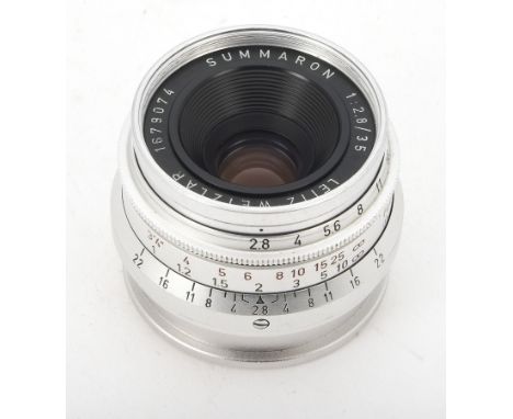 A Leitz 35mm f/2.8 Summaron Lens, serial no. 1679074, 1959, chrome, barrel, G-VG, light marks to chrome, elements, VG, with m