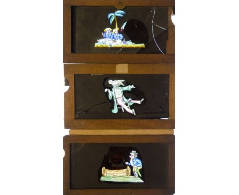 Eight Mahogany-Framed Hand-Coloured Magic Lantern Slipping Slides,  of a sewing tailor, a hunter up a tree, a man and a goose