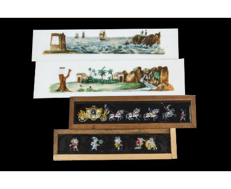 Five Mahogany-Framed  Long Magic Lantern Slides and five loose ones, three recounting the story of Paul et Virginie (each 397