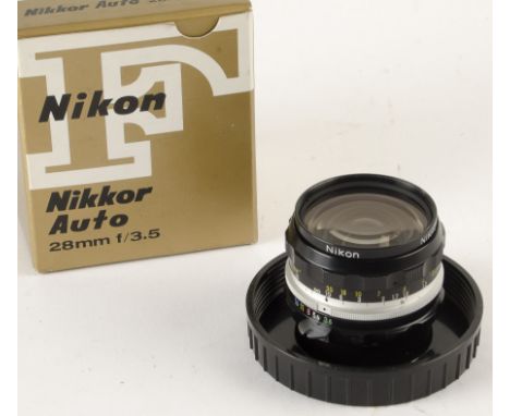 A Nikon Nikkor-H Auto 28mm f/3.5 Lens, serial no. 784641, black, barrel, G-VG, light marks to focusing ring, elements, VG, li