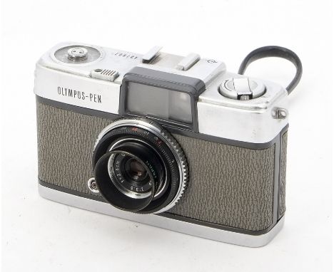 A Olympus Pen Camera, serial no. 437807, chrome, shutter working, body, F-G, small nick near film rewind, with 2.8cm f/3.5 Zu