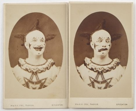 Notable Portrait Cartes de Visite,  clown with differing expressions/W & A H Fry, Brighton (2), girl with wax-head doll (1), 