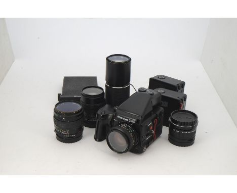 A Mamiya 645 Pro TL Outfit, serial no. CE1003, black, shutter working, body, G-VG, with WG401 power winder, F-G, working, and