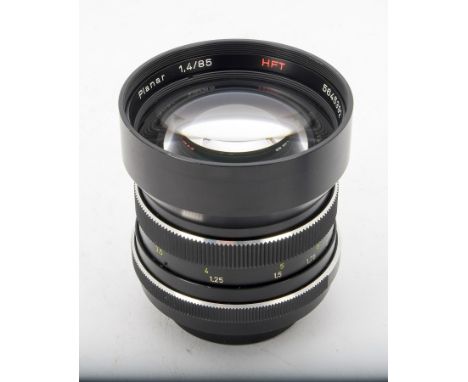 A Carl Zeiss 85mm f/1.4 Planar HFT Lens, serial no. 5645392, black, QBM mount, barrel, G-VG, elements, G, light haze and clea