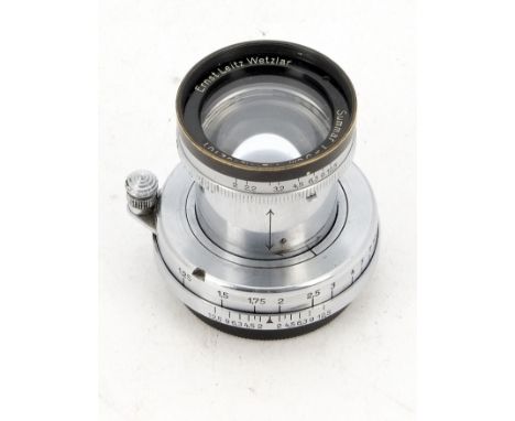 A Leitz 5cm f/2 Summar Lens, serial no. 192101, 1933, chrome, black rim, collapsible mount, barrel, VG, elements, G, light ha