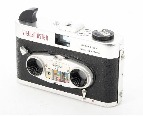 A Sawyers View-Master Stereo Color Camera, serial no. 4860, chrome, shutter working, body, G, with Rodenstock 20mm f/2.8 Trin