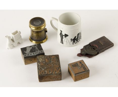 Various Items, three wood and metal printing blocks for photographic advertisements, set of Waterhouse stops, in leather case