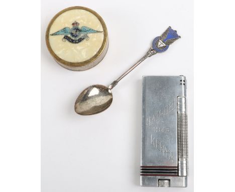 FAIREY Silver Spoon and RAF Items: Enamel hallmarked silver spoon for Fairey sports and recreation club, RAF tin with enamel 