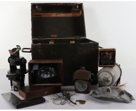 Mixed RAF and Militaria: Receiver transit box containing goggles with one lens, altitude switch, light, oil instrument and mo