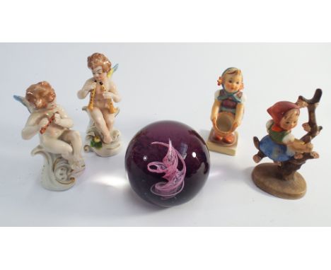 Caithness Limited Edition paperweight, Mistrel.  2 Hummel figurines and 2 Capo di Monte cherub band figures 