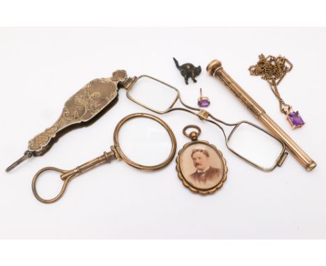 Pair of Victorian gilt metal fold-a-way pince nez, 14 k gold and amethyst pendant necklace, Victorian propelling pencil and o
