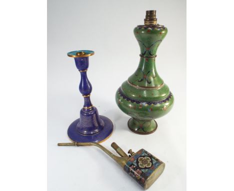 Chinese cloisonne pipe, candlestick, and a large green lamp base (height 33cm to top of vase)