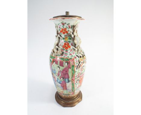 Satsuma Famille rose lamp base with gilt metal mountings - height 28cm tall 