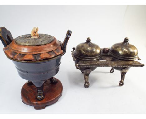 Chinese brass censer on stand and another ceramic censer with pierced lid and dog of fo finial 