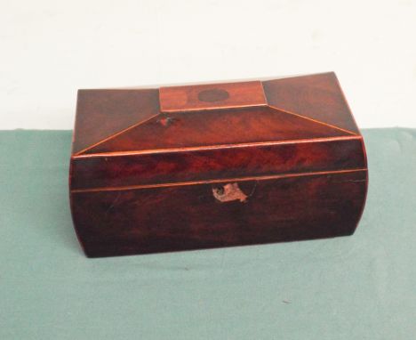 Georgian mahogany sarcophagus shaped tea caddy with fitted interior including mixing bowl, slight damage by lock escutcheon 
