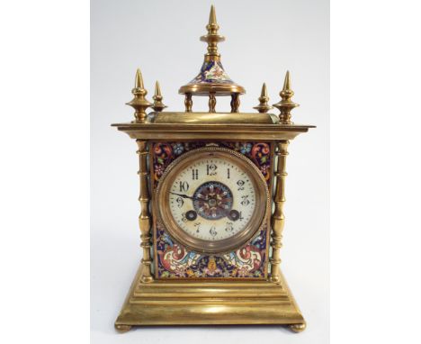 Decorative turn of the century brass cased and polychrome enamel mantel clock with cream chaptering and cloisonne enamel pane