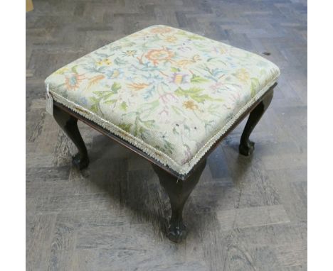 Victorian square tapestry upholstered stool on claw and ball feet 