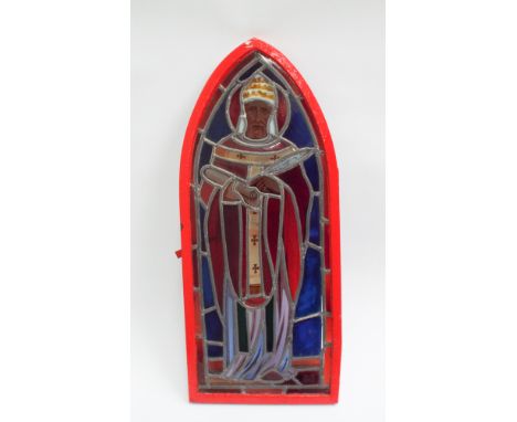 19th century red painted stained glass window panel depicting a scribe signed R Braudier 