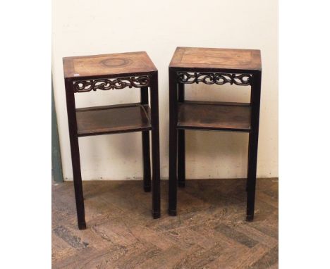 Pair of Chinese 2 tier hardwood occasional or lamp tables 