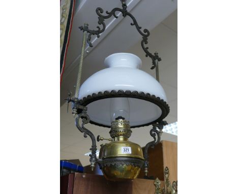 Victorian hanging brass oil lamp with with shade 
