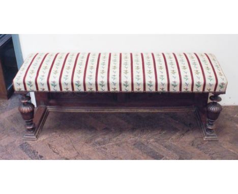 Long oak framed tapestry upholstered stool 