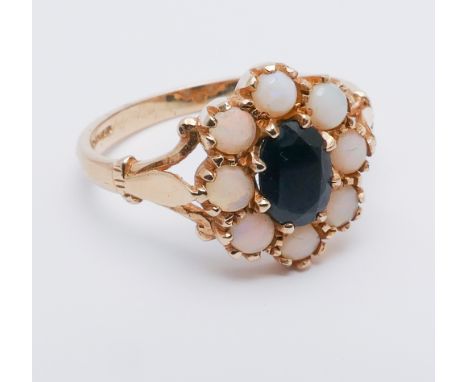 14ct yellow gold sapphire and opal cluster ring, Ring size R