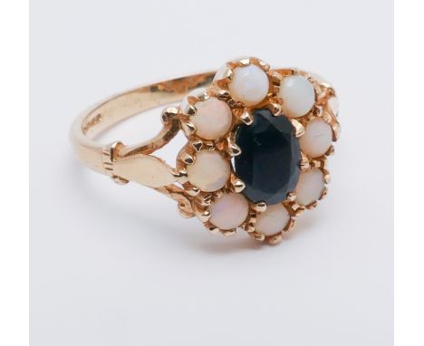 14ct yellow gold sapphire and opal cluster ring, Ring size R