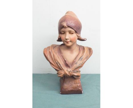 Painted art deco style terracotta bust of a Dutch girl - approx 17" tall 