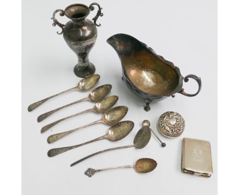 hallmarked silver sauce boat, cigarette case, assortment of spoons and a vase (filled) Gross weight of silver items without v