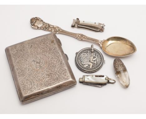 Silver cigarette case dated 1920, silver jam spoon and other collectables 