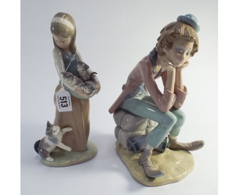 Lladro group of a girl with kittens and a vagabond clown with accordion - approx 25cm tall   Condition - no obvious sign of d