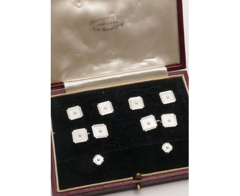 Art deco gentleman's cuff link and shirt stud set, engine turned 9ct white gold square deco design set with a seed pearl to t