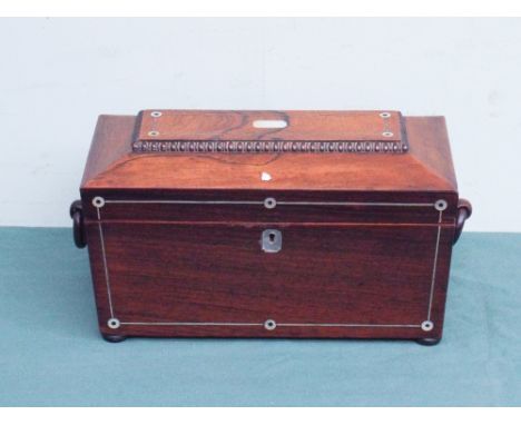 Regency rosewood sarcophagus shaped tea caddy, fitted ring handles and fitted interior 