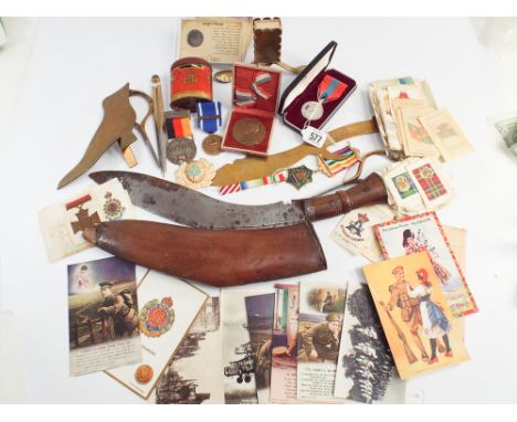 Collection of mostly military items comprising of a Gurkha kukri with 12" blade, blade with "sun" mark, various military post